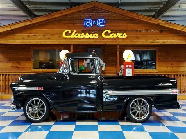 1959 chevrolet fleetside pickup big window resto mod â€“ midnight metallic black /
