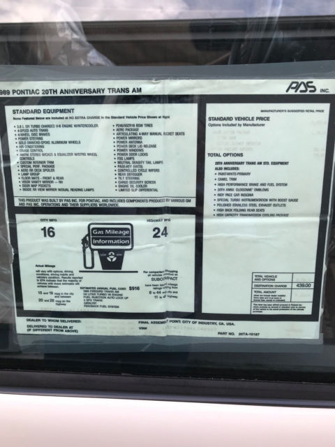 1989 pontiac trans am turbo gta 20th anniversary 381 miles