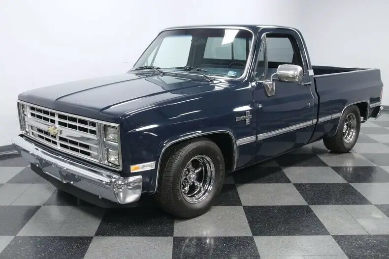 classic vintage chrome square body american racing short bed chevy truck lowered