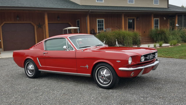 1965 ford mustang fastback 2+2 v8 manual transmission red black pony seats