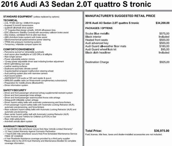 certified 2016 audi a3 2.0t premium quattro sedan washington, pa 15301 for sale in washington, pennsylvania