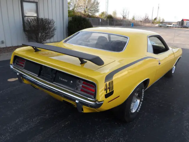 rottiserie restored 1970 cuda with a 440 four speed and with a shaker hood