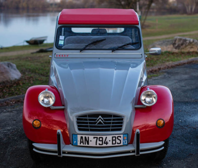 fully-restored authentic red/gray citroen 2cv dolly