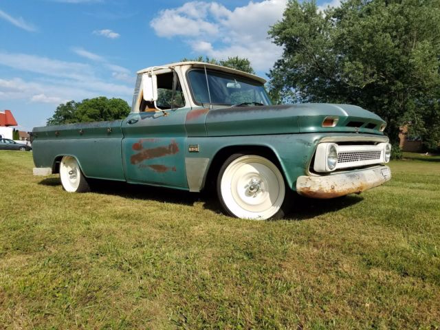 near original, lowered 65 c-10 with a great patina, transit wheels, long bed, v8