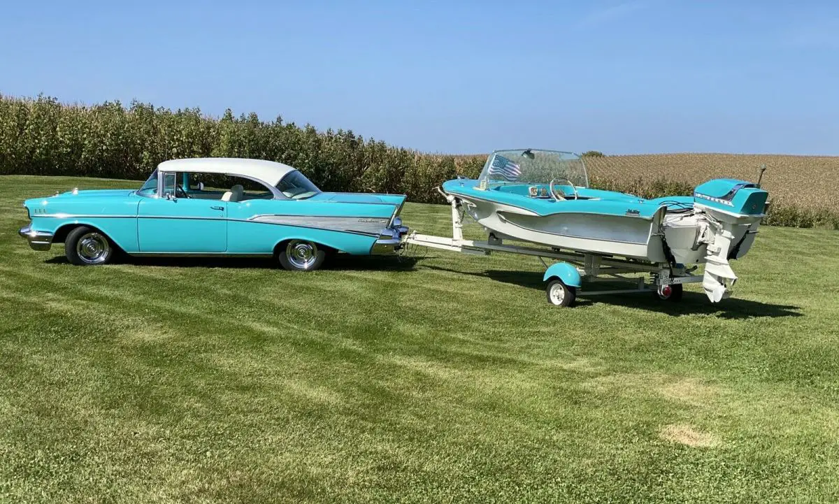 1957 teal chevrolet bel air coupe and 1958 glastron boat combo-must see!!