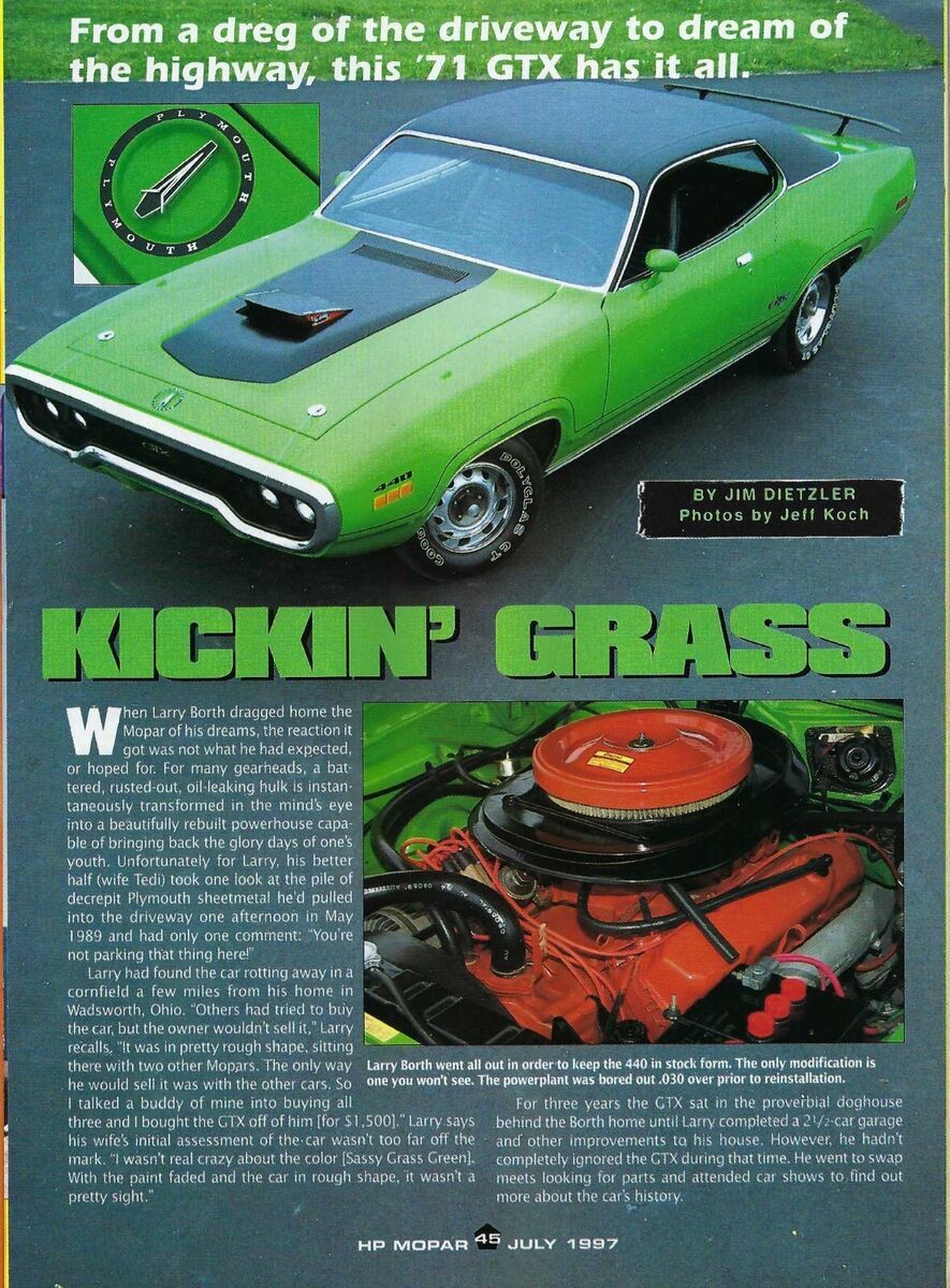1971 plymouth gtx, orig u-code car, fj6 sassy grass, n96 air grabber, restored