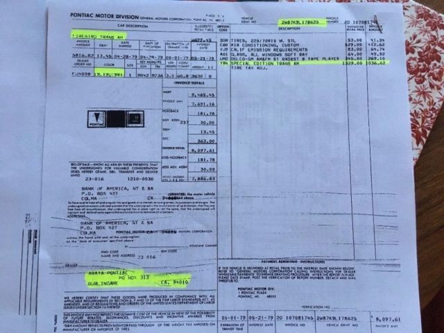 1979 pontiac trans am -real bandit y84 special edition phs documents cal