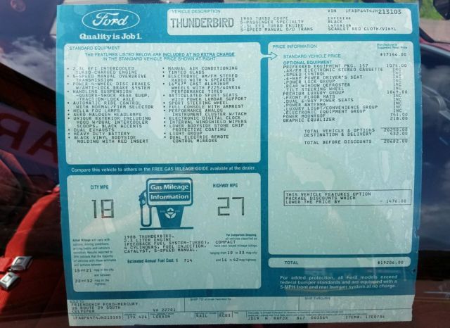 1988 ford thunderbird turbo coupe all original with only 449 documented miles!