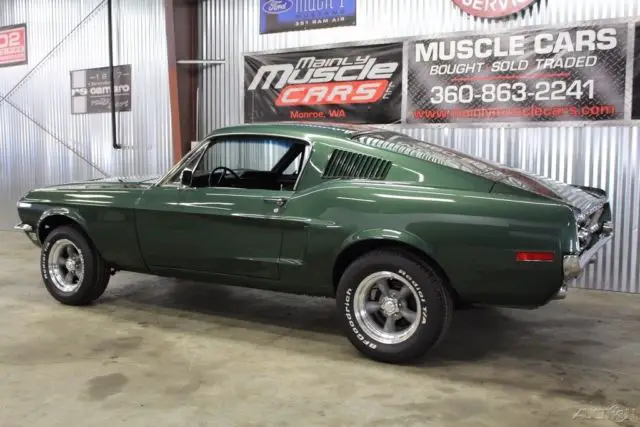 1968 mustang fastback bullitt build, highland green, torque thrust wheels