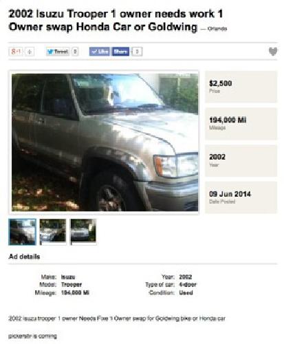 2002 isuzu trooper 1 owner needs work trade for goldwing motorcycle or in orlando, fl