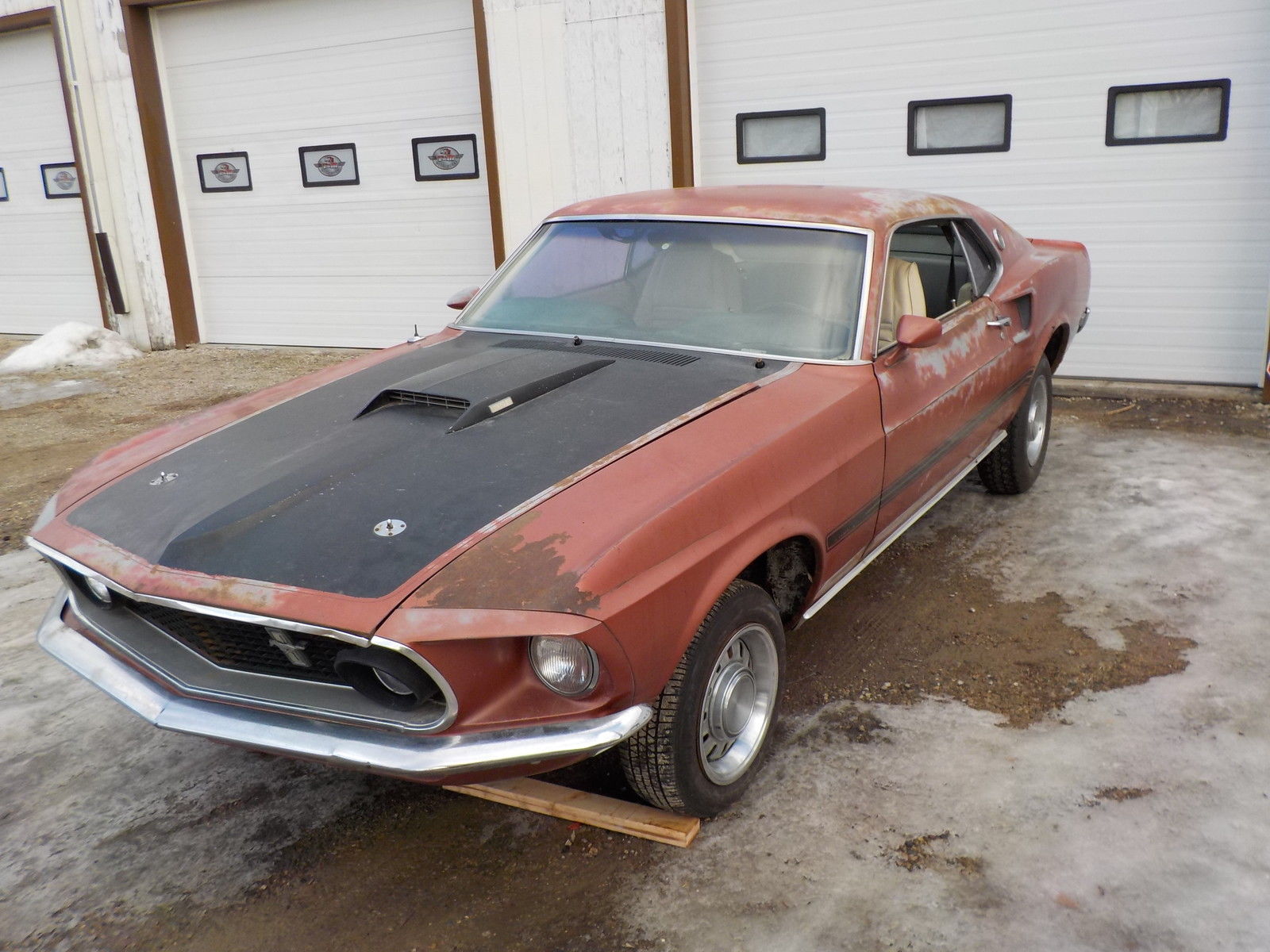 1969 mustang mach 1 indian fire with white deluxe interior , barn find