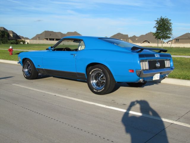 1970 mach 1, 351 4v cleveland, 4 speed shaker grabber blue white interior