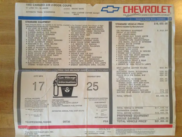 chevrolet camaro z28 5.7l rare find 53k miles-mint-dealership sticker-more