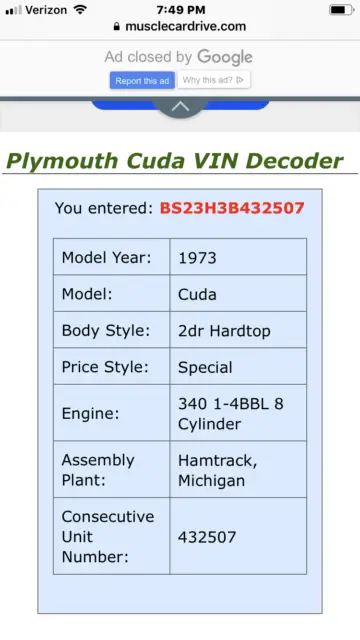1973 plymouth cuda' 340 727 transmission ''' real cuda'""""''''''70 71 72