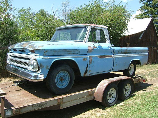 1966 chevrolet long bed big window 1/2 ton pickup truck blue 283 auto 350 trans