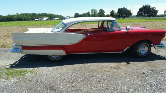 1957 ford fairlane victoria flame red / colonial white 2 door coupe restored