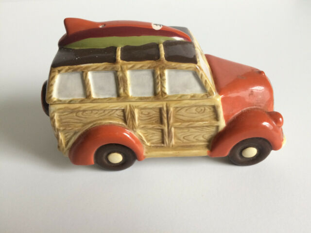 vintage go with salt & pepper shakers – woodie wagon & surfboard, excellent