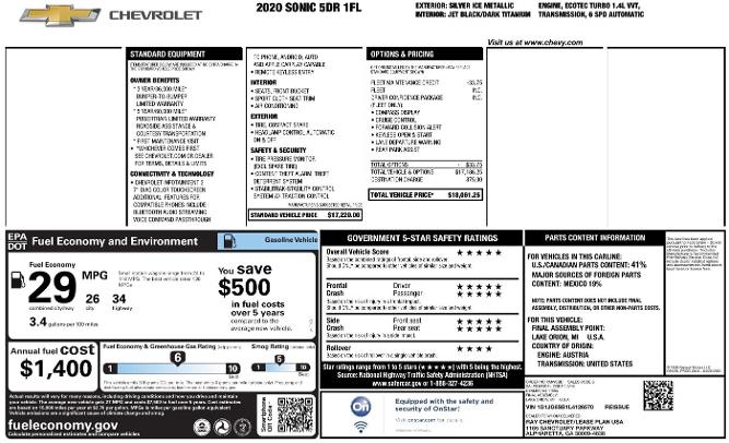 used 2020 chevrolet sonic lt