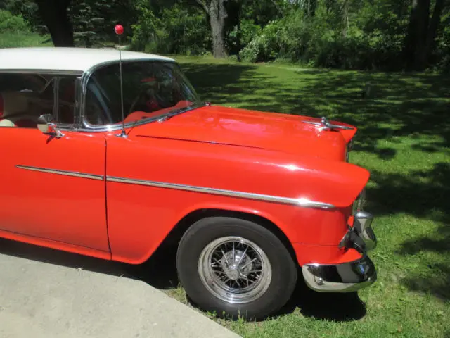 1955 chevy chevrolet bel air two door hardtop coupe 350 v8 4 barrel red & white