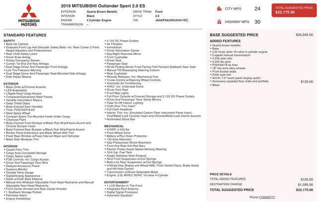 2019 mitsubishi outlander sport 2.0 es
