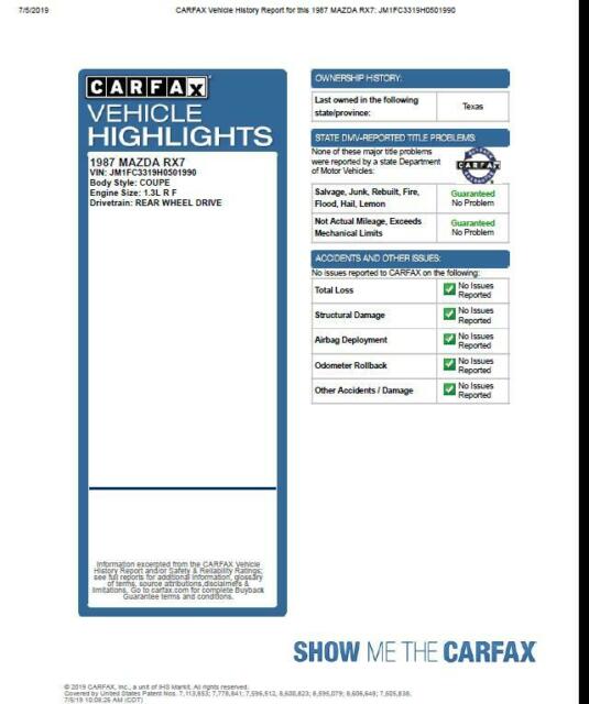 1987 mazda rx7 gxl one owner, purchased new in august 1986. clean carfax