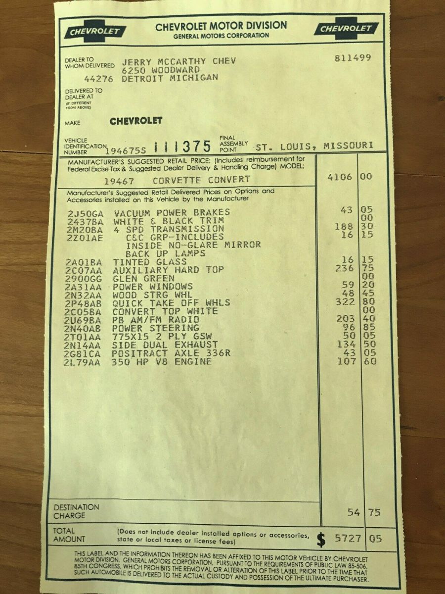 1965 corvette roadster highly optioned frame-off restored 327/350hp matching #s