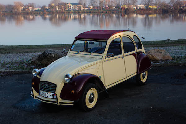 fully-restored plums and custard citroen 2cv dolly, galvanized chassis
