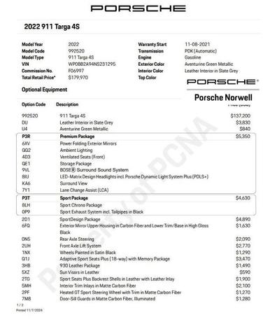 2022 porsche 911 targa 4s
