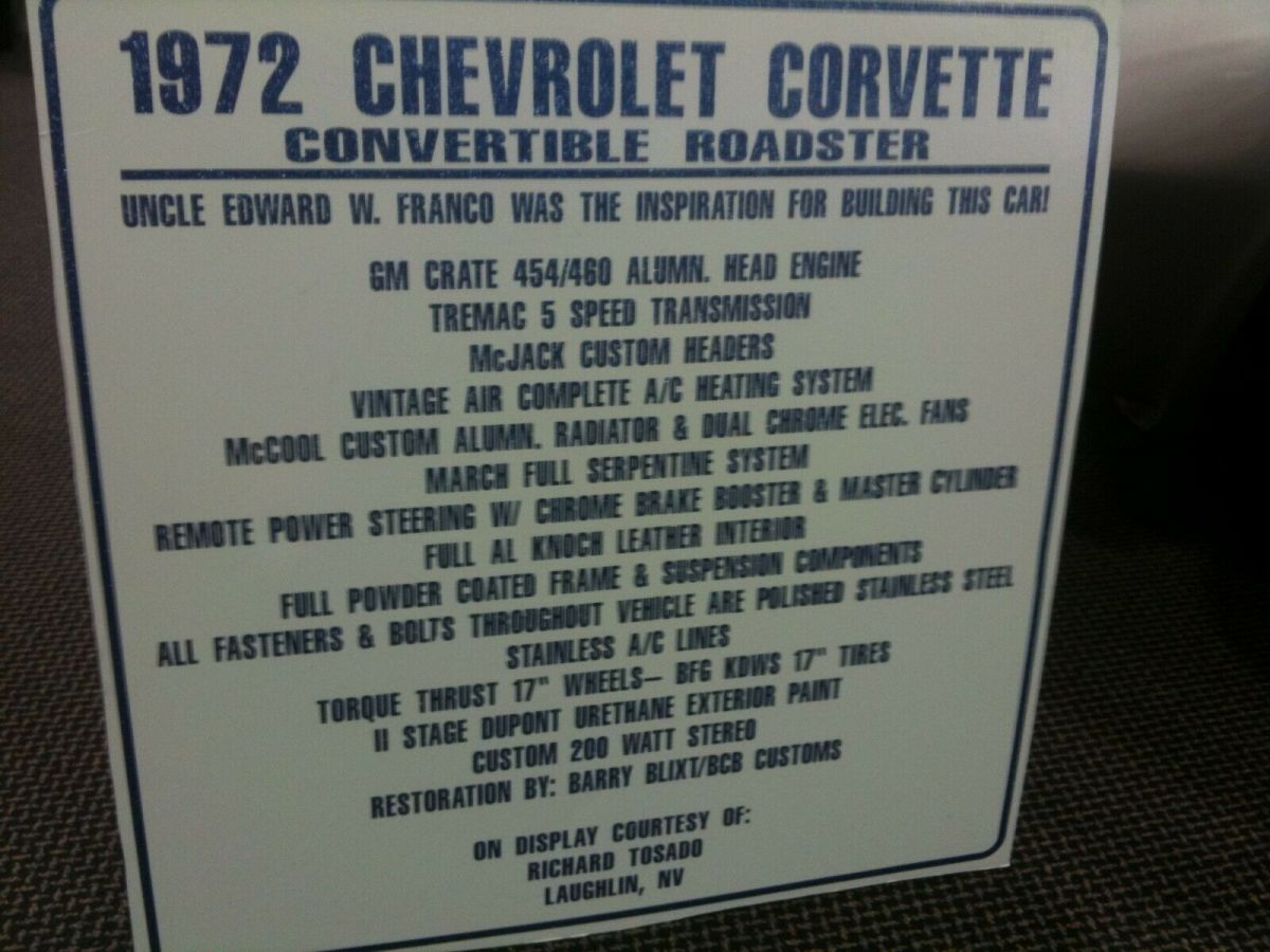 1972 chevrolet corvette convertible roadster 454 5-speed resto mod with hard top
