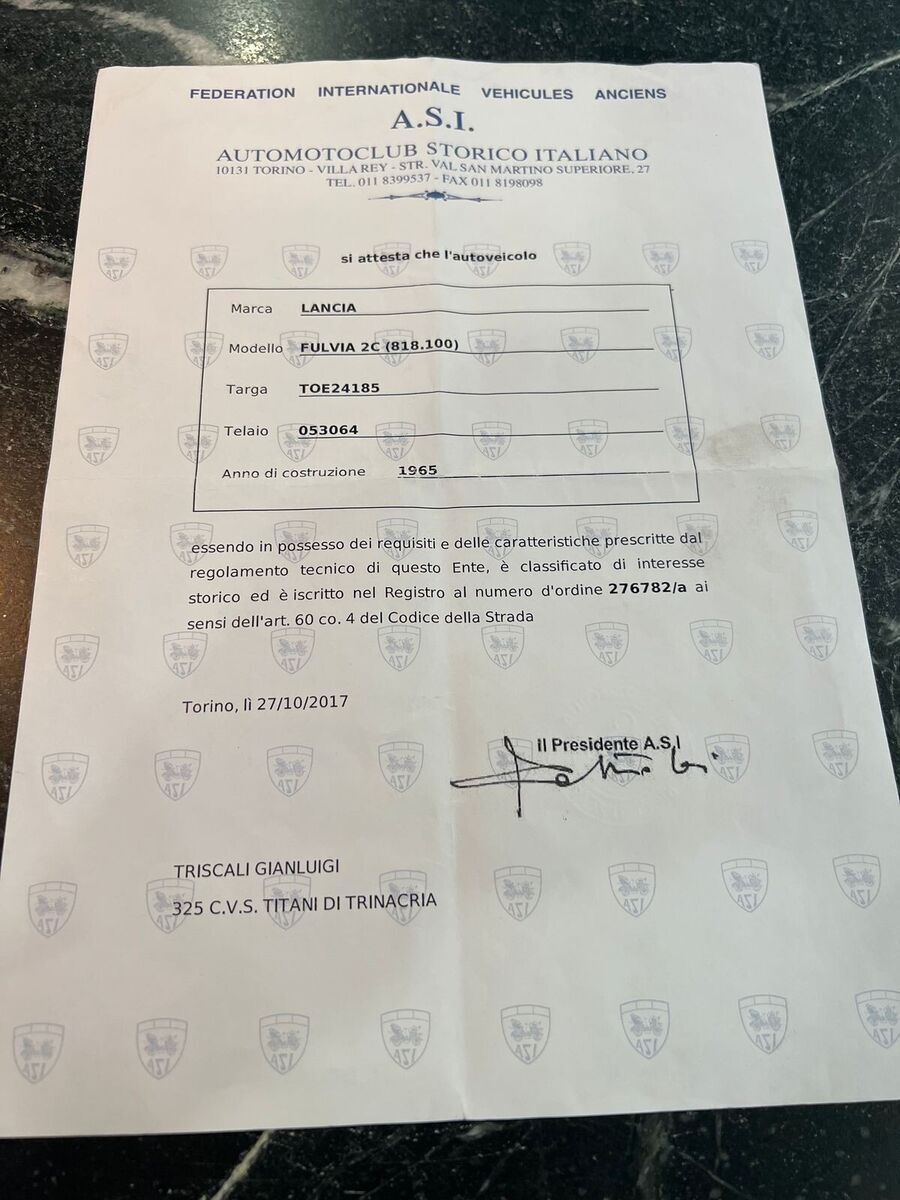 1965 lancia fulvia 2c sedan - certificate italian historic cars