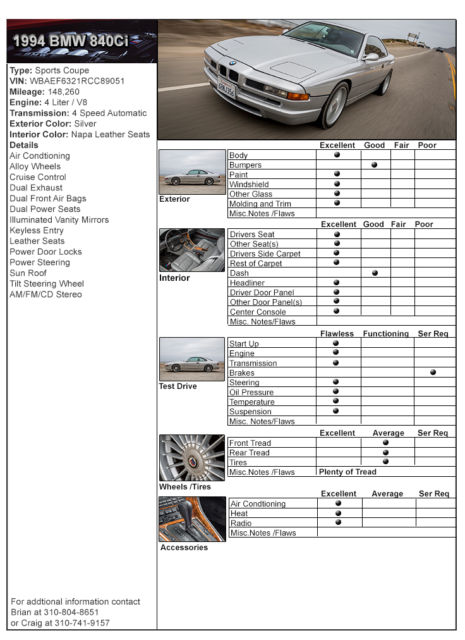 1994 silver bmw 840 ci for sale