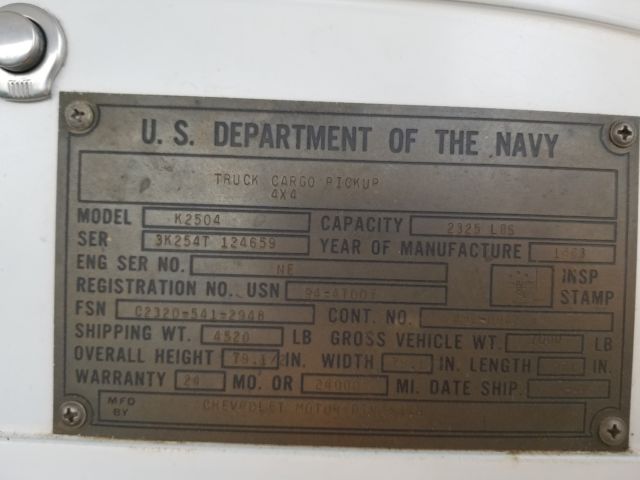 1963 chevrolet chevy c10 / k20 short bed 4x4 pto 3/4 ton w/ us navy build tag