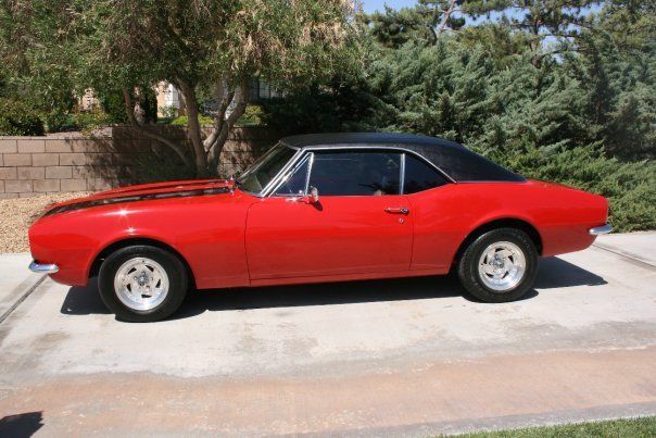 vintage1967 camaro red with black racing stripes