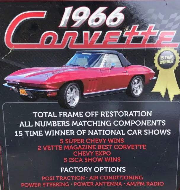1966 corvette convertible, 327-300hp, a/c, 4-speed, 15-time national show winner