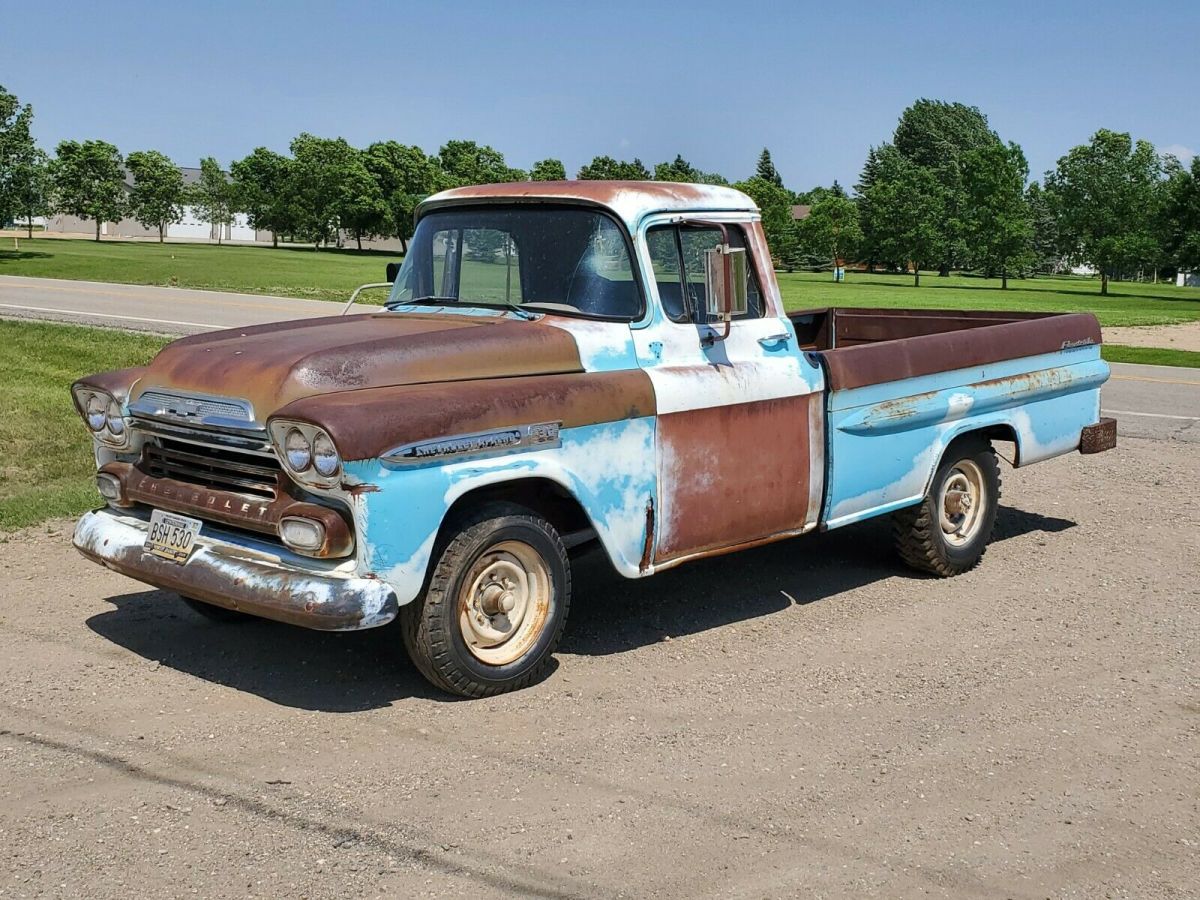 1959 chevy apache pickup truck fleetside rare blue north dakota solid patina