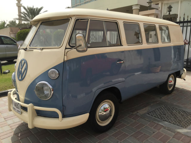 1967 camper van, blue and white, classic vehicle in a good running condition