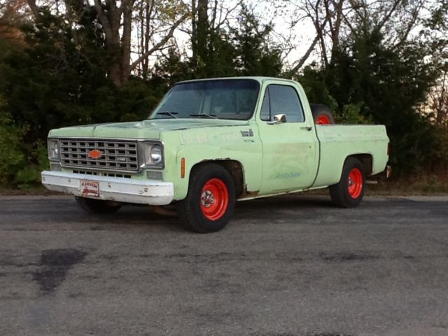 1976 green short wide lowered patina shop truck in-line six 3 speed rat rod
