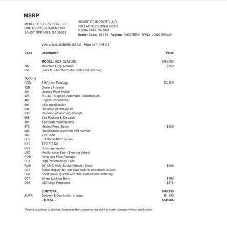 2024 mercedes-benz cla 250 base