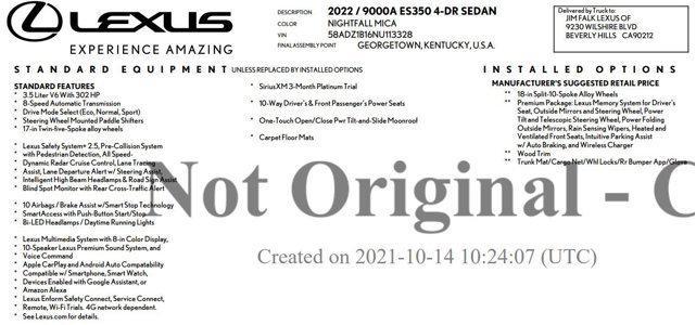 2022 lexus es 350 base