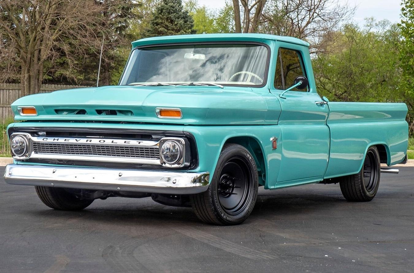1964 chevrolet c-10 pickup turquoise exterior over beige interior