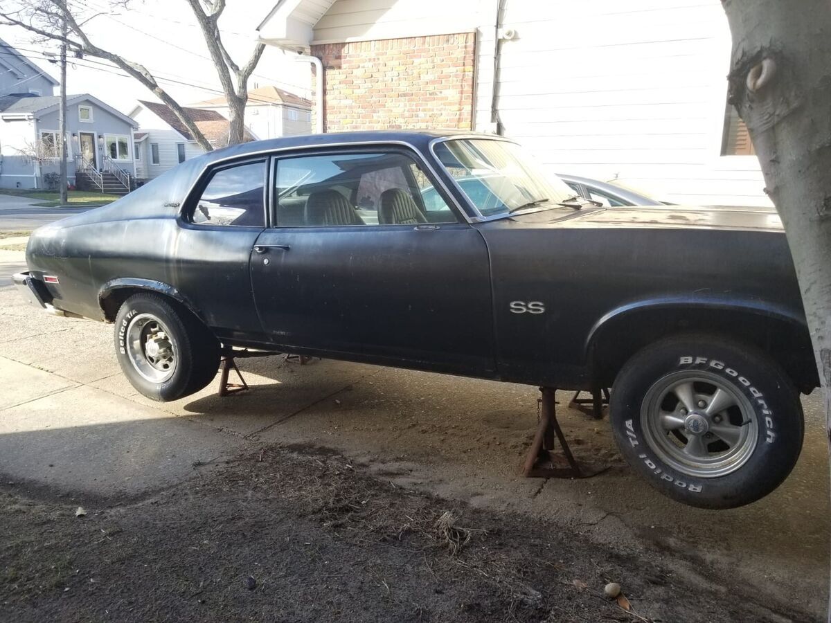 1973 chevy nova ss hatchback, black, leather seats, antique car, crate engine