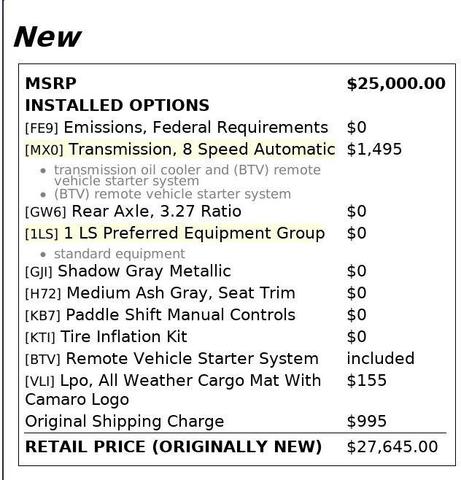 2020 chevrolet camaro 1ls