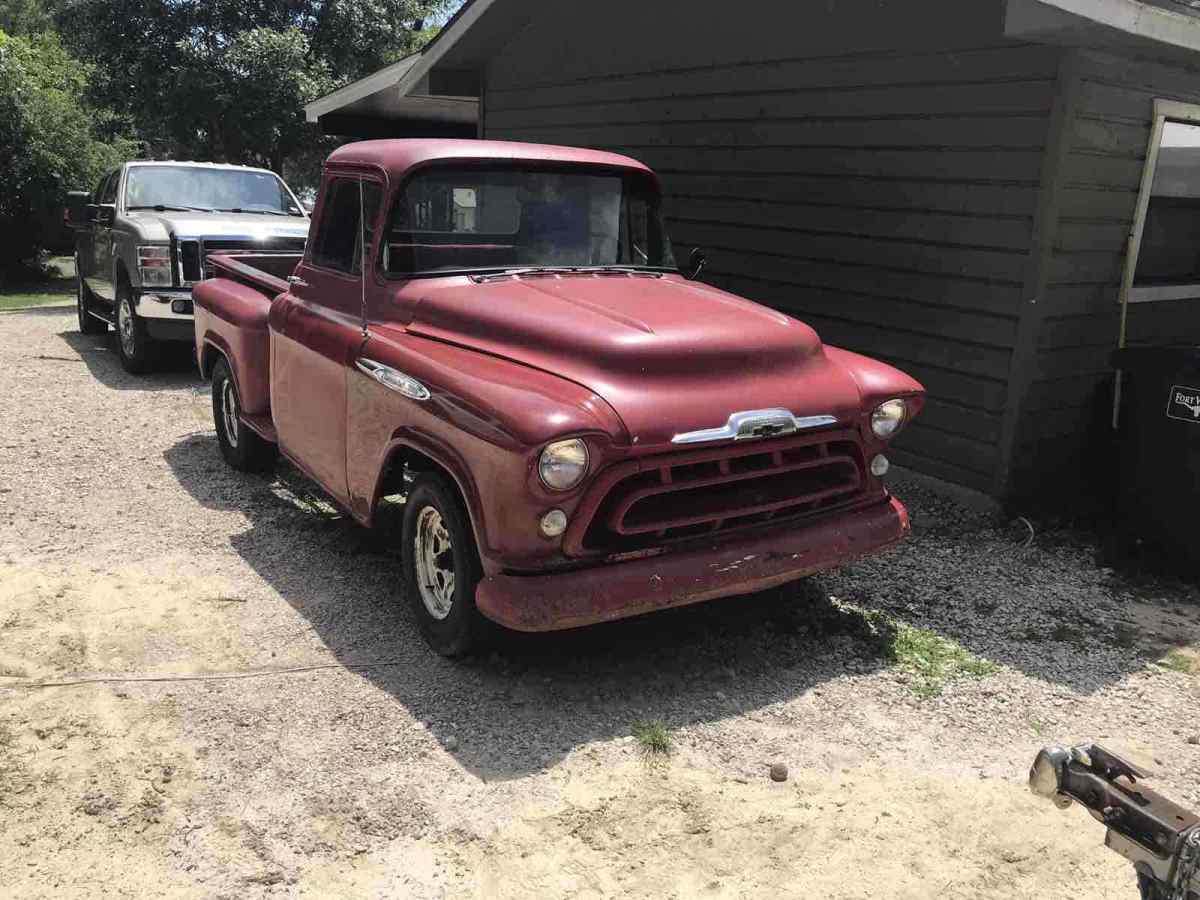 1957 chevrolet 3100 pickup red rwd automatic stepside