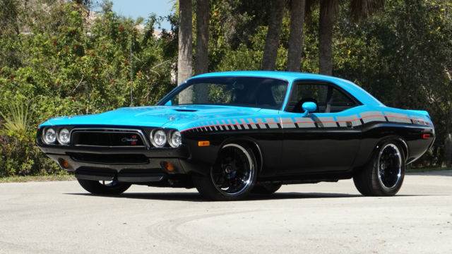 challenger resto-mod petty blue with one off strobe stripe hemi with a/c