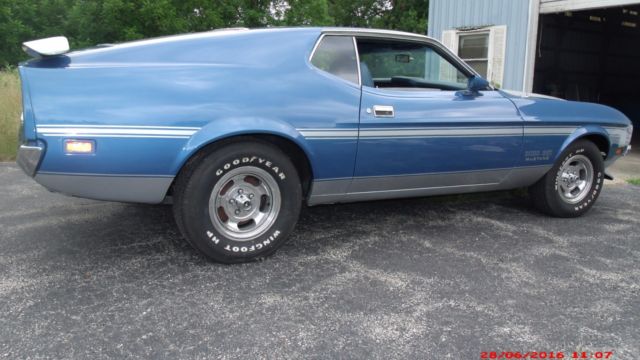 1973 blue ford mustang mach i fastback restored modified to '71 boss