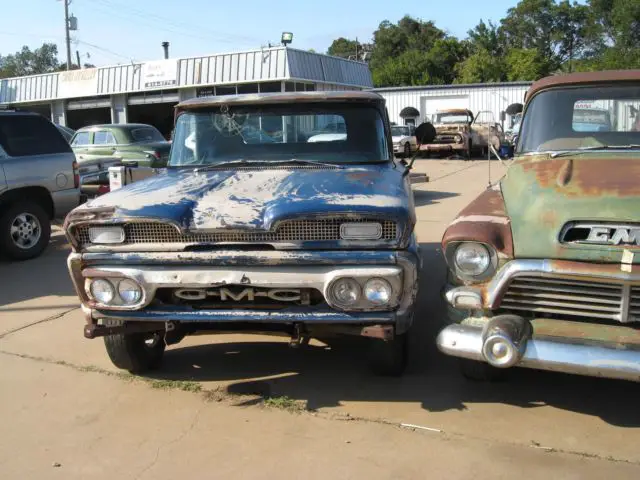 1960 gmc short bed factory v6 305 ci. blue moon patina