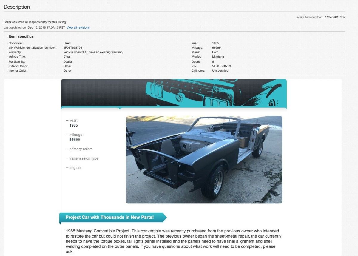 1965 ford mustang convertible frame and parts (packed and ready to ship)
