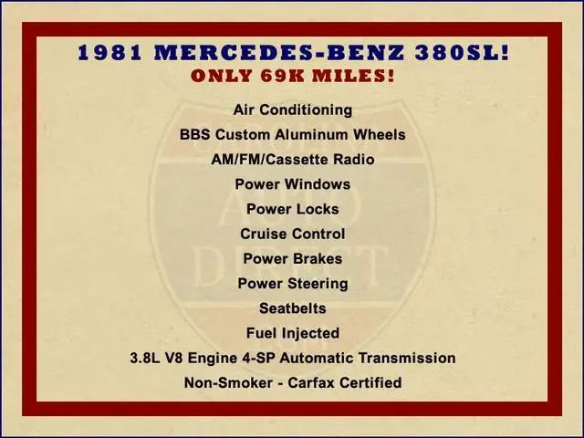 1981 mercedes-benz 380 series 380sl - only 69k miles! aprikosengelb convertible