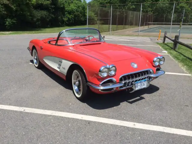 1958 corvette, signet red, white coves and top, 327-300hp, 4sp, restored
