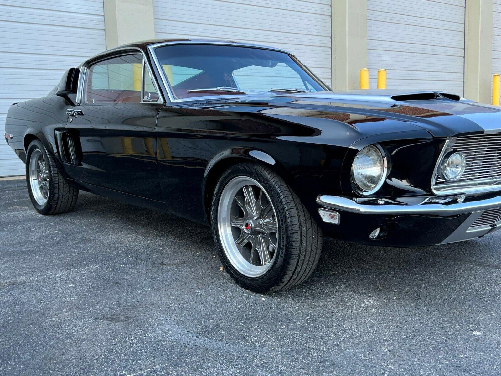 1968 ford mustang upgraded car raven black with a dark red interior